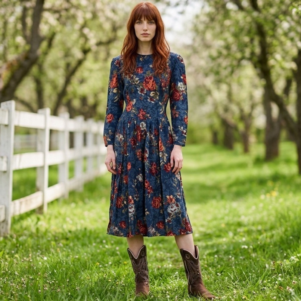 Vintage Blue Floral Basque Waist Midi Dress Womens 12 Cottagecore 90s 80s Fall
